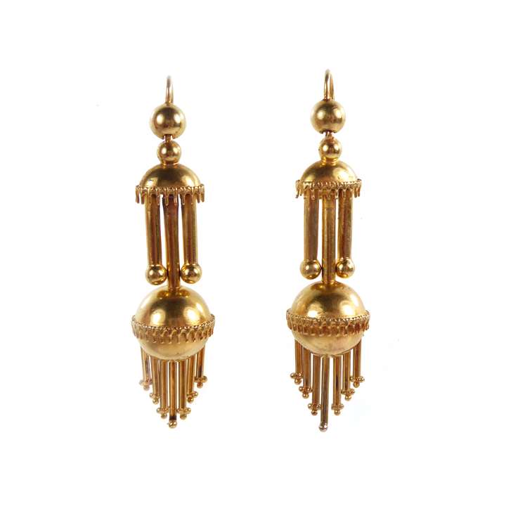 Pair of gold ball and fringe pendant earrings